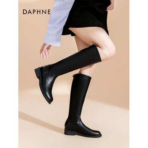 達芙妮厚底金鎖釦長筒靴女春2026新款百搭顯瘦長靴不過膝騎士靴女