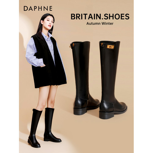 達芙妮厚底金鎖釦長筒靴女春2026新款百搭顯瘦長靴不過膝騎士靴女