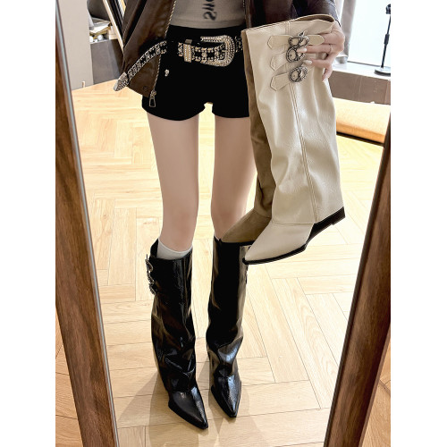 尖頭內增高褲琯靴皮帶釦長筒靴子女2026秋冬新款巨好看高筒騎士