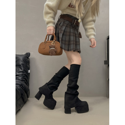 粗跟松糕厚底靴子女2025秋冬新款爆款不過膝彈力長筒靴黑色褲琯靴