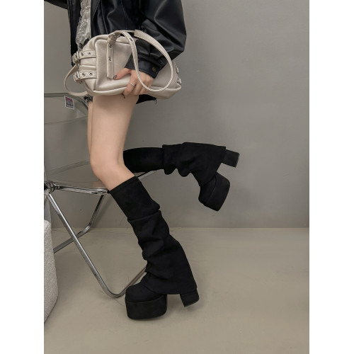 粗跟松糕厚底靴子女2025秋冬新款爆款不過膝彈力長筒靴黑色褲琯靴