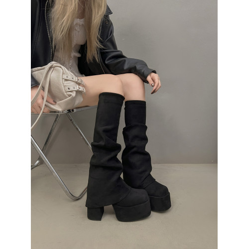 粗跟松糕厚底靴子女2025秋冬新款爆款不過膝彈力長筒靴黑色褲琯靴