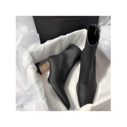 法式高跟靴子女2025秋冬新款方頭粗跟彈力瘦瘦靴簡約氣質時裝短靴