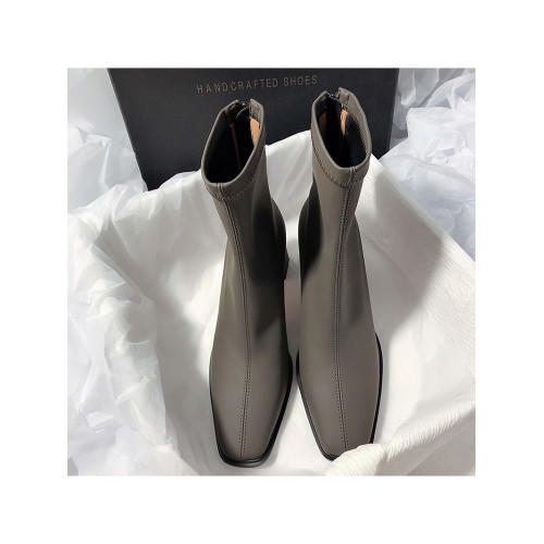 法式高跟靴子女2025秋冬新款方頭粗跟彈力瘦瘦靴簡約氣質時裝短靴