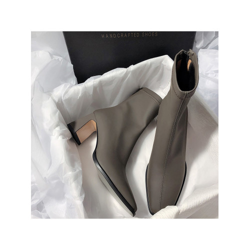 法式高跟靴子女2025秋冬新款方頭粗跟彈力瘦瘦靴簡約氣質時裝短靴