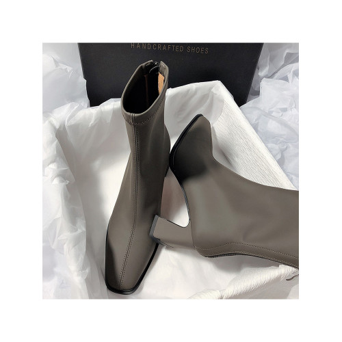 法式高跟靴子女2025秋冬新款方頭粗跟彈力瘦瘦靴簡約氣質時裝短靴