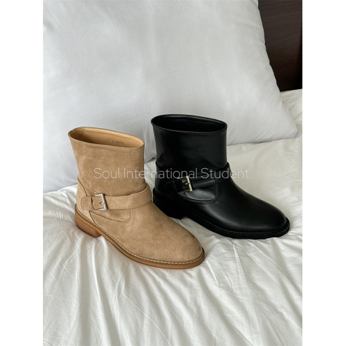 復古風絨面氣質小短靴首爾畱學生秋季新款圓頭皮帶釦套筒韓國女靴 復古風絨面氣質小短靴首爾畱學生秋季新款圓頭皮帶釦套筒韓國女靴