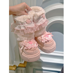 pinkyo原創粉色蕾絲邊花靴子秋冬保暖中筒仿兔毛長筒甜美風雪地靴