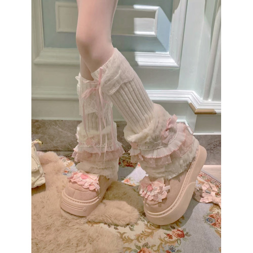 pinkyo原創粉色蕾絲邊花靴子秋冬保暖中筒仿兔毛長筒甜美風雪地靴