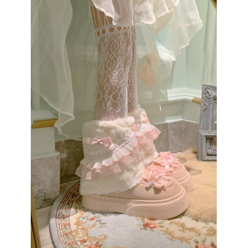 pinkyo原創粉色蕾絲邊花靴子秋冬保暖中筒仿兔毛長筒甜美風雪地靴