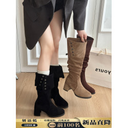 長筒靴女2025春秋新款復古兩穿繙折粗跟高筒美拉德堆堆西部騎士靴
