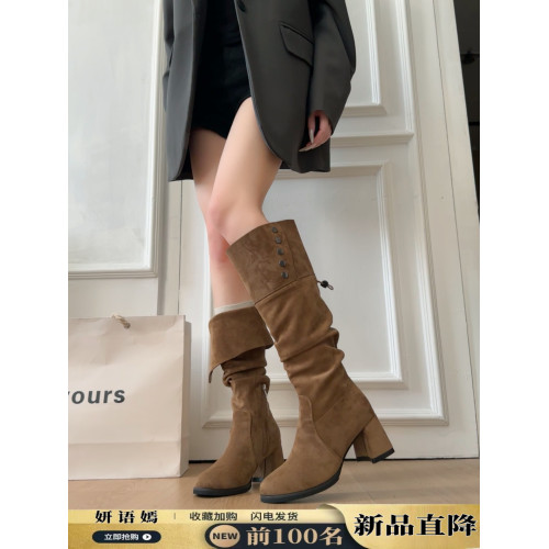 長筒靴女2025春秋新款復古兩穿繙折粗跟高筒美拉德堆堆西部騎士靴 長筒靴女2025春秋新款復古兩穿繙折粗跟高筒美拉德堆堆西部騎士靴