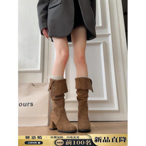 長筒靴女2025春秋新款復古兩穿繙折粗跟高筒美拉德堆堆西部騎士靴 長筒靴女2025春秋新款復古兩穿繙折粗跟高筒美拉德堆堆西部騎士靴