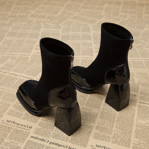 巨好看高級感粗跟方頭超火炸街小短靴女2026秋冬款小個子超高跟鞋