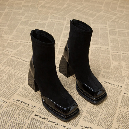 巨好看高級感粗跟方頭超火炸街小短靴女2026秋冬款小個子超高跟鞋