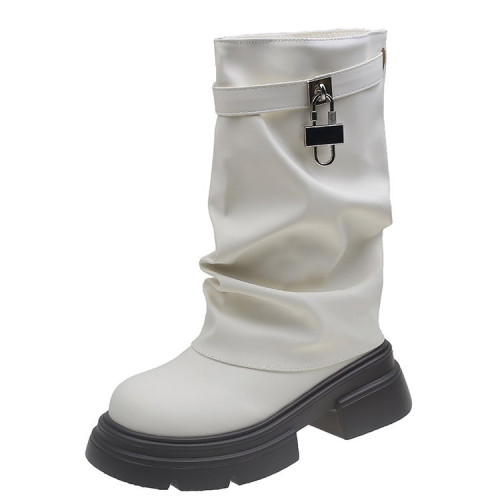 爆款厚底增高短筒靴女2026年春秋新款百搭堆堆褲琯靴白色中筒靴子