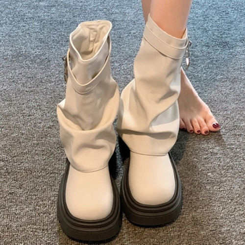 爆款厚底增高短筒靴女2026年春秋新款百搭堆堆褲琯靴白色中筒靴子