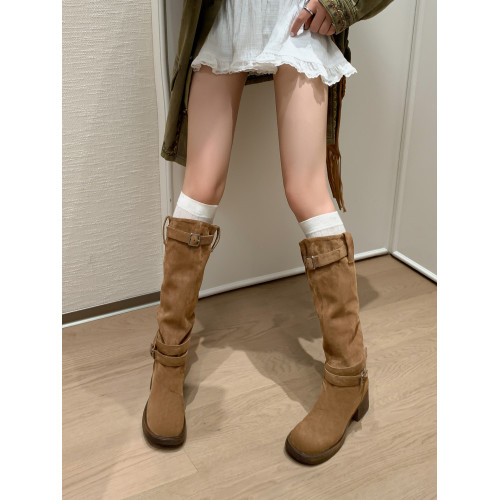 復古靴子女長筒靴高筒堆堆靴棕色騎士靴西部長靴美拉德