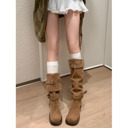 復古靴子女長筒靴高筒堆堆靴棕色騎士靴西部長靴美拉德