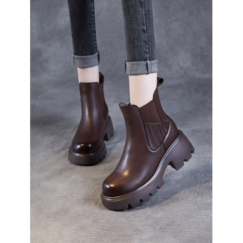 頭層牛皮菸筒靴女厚底馬丁靴2025年秋冬季真皮切爾西靴加絨短靴子