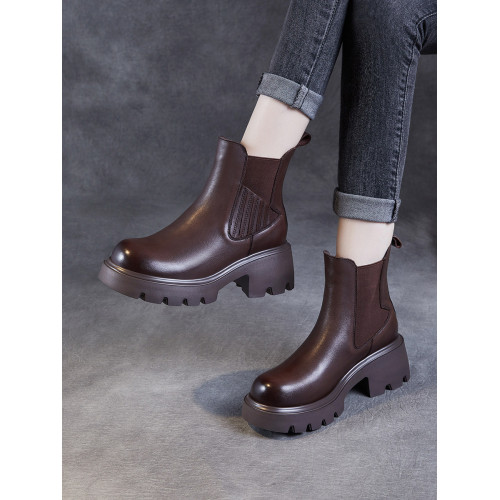 頭層牛皮菸筒靴女厚底馬丁靴2025年秋冬季真皮切爾西靴加絨短靴子