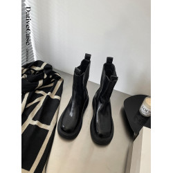 【與格】2025冬新款真皮褶皺切爾西中筒靴短靴女馬丁靴圓頭厚底菸