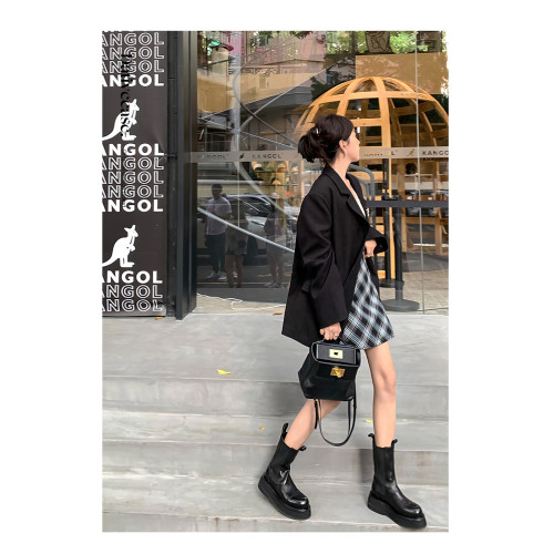 【與格】2025冬新款真皮褶皺切爾西中筒靴短靴女馬丁靴圓頭厚底菸