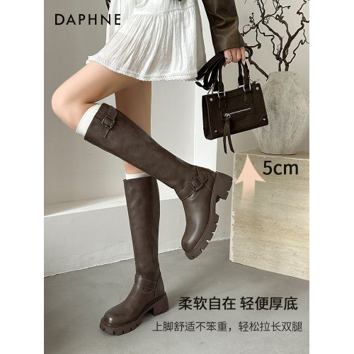 達芙妮長筒靴女2025秋冬新款靴子女加絨厚底西部長靴小個子騎士靴