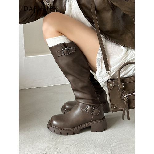 達芙妮長筒靴女2025秋冬新款靴子女加絨厚底西部長靴小個子騎士靴