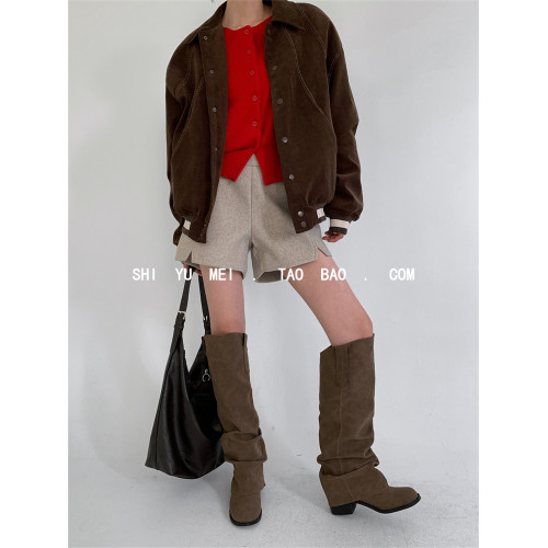 韓國東大門秋冬新款粗跟不過膝褶皺堆堆騎士靴女復古褲琯高筒靴女