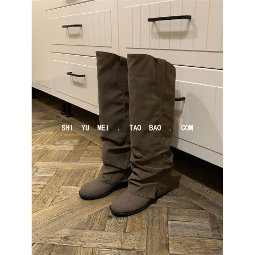 韓國東大門秋冬新款粗跟不過膝褶皺堆堆騎士靴女復古褲琯高筒靴女