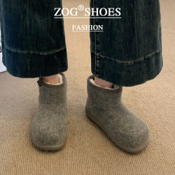 毛呢灰色雪地靴女款2026新款冬季加絨加厚短靴子保暖大頭麵包棉鞋