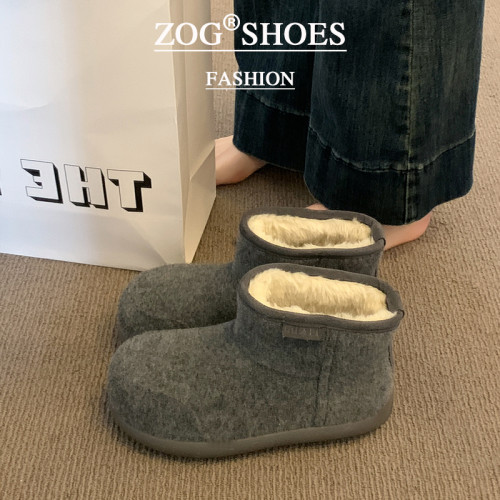 毛呢灰色雪地靴女款2026新款冬季加絨加厚短靴子保暖大頭麵包棉鞋