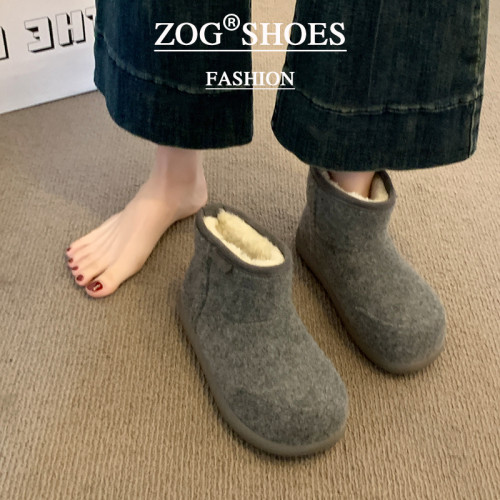 毛呢灰色雪地靴女款2026新款冬季加絨加厚短靴子保暖大頭麵包棉鞋