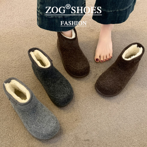 毛呢灰色雪地靴女款2026新款冬季加絨加厚短靴子保暖大頭麵包棉鞋