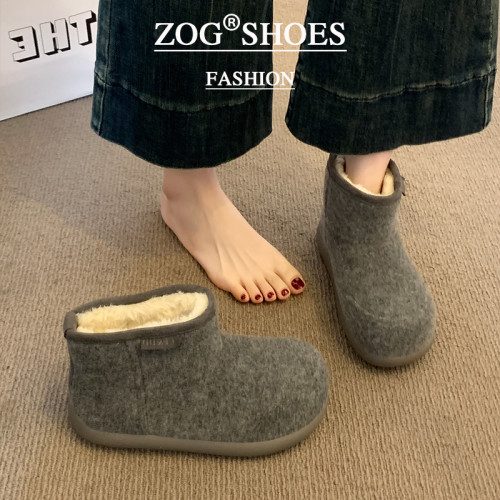 毛呢灰色雪地靴女款2026新款冬季加絨加厚短靴子保暖大頭麵包棉鞋