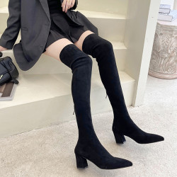 過膝長靴女粗跟2026春秋新款尖頭時裝高跟靴加絨顯瘦小個子高筒靴