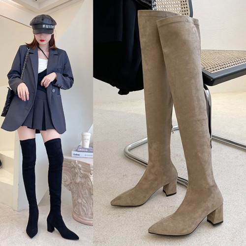過膝長靴女粗跟2026春秋新款尖頭時裝高跟靴加絨顯瘦小個子高筒靴