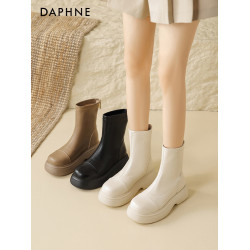 達芙妮靴子短靴女冬老款爆款厚底切爾西靴中筒白色配裙子瘦瘦靴子