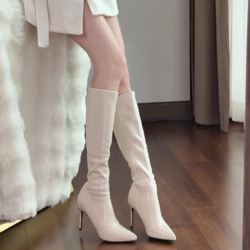 羊皮版！白色長靴女爆款秋冬高跟鞋細跟尖頭洋氣瘦瘦彈力長筒靴子