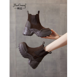 真皮厚底切爾西靴女2025新款女士復古短靴小個子秋冬菸筒靴馬丁靴