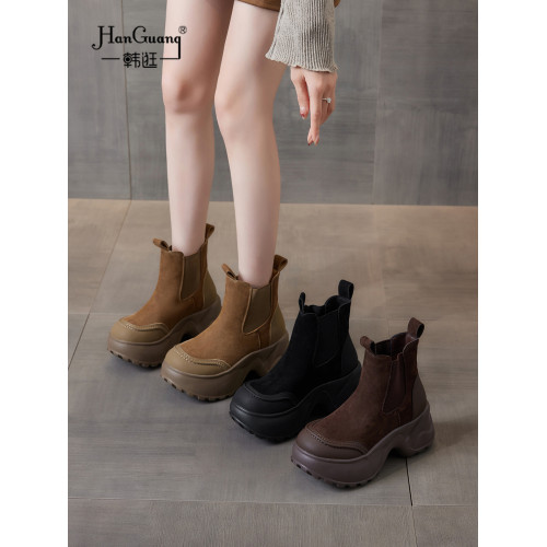 真皮厚底切爾西靴女2025新款女士復古短靴小個子秋冬菸筒靴馬丁靴