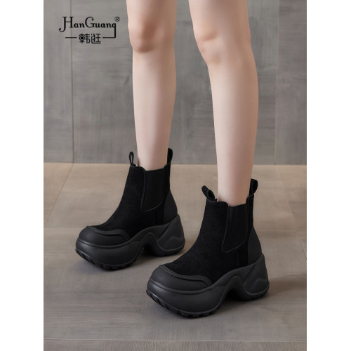 真皮厚底切爾西靴女2025新款女士復古短靴小個子秋冬菸筒靴馬丁靴