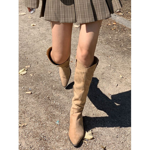 韓國東大門2023秋季新款尖頭方跟復古套筒牛仔長筒ins潮騎士靴子