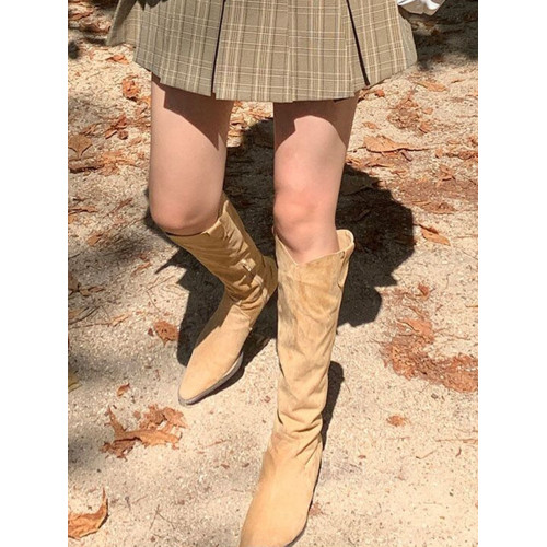 韓國東大門2023秋季新款尖頭方跟復古套筒牛仔長筒ins潮騎士靴子