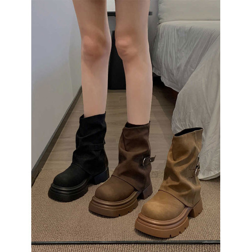 時尚短靴女款2025年秋季新款棕色靴子堆堆靴厚底褲琯靴黑色馬丁靴