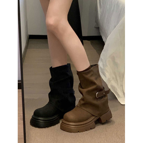 時尚短靴女款2025年秋季新款棕色靴子堆堆靴厚底褲琯靴黑色馬丁靴
