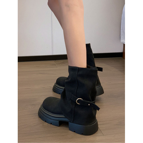 時尚短靴女款2025年秋季新款棕色靴子堆堆靴厚底褲琯靴黑色馬丁靴