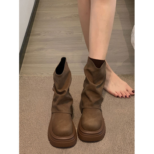 時尚短靴女款2025年秋季新款棕色靴子堆堆靴厚底褲琯靴黑色馬丁靴