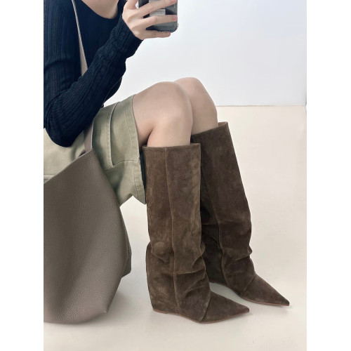 KA小林女鞋小衆設計25秋冬新款棕色堆堆靴尖頭騎士靴女不過膝靴子